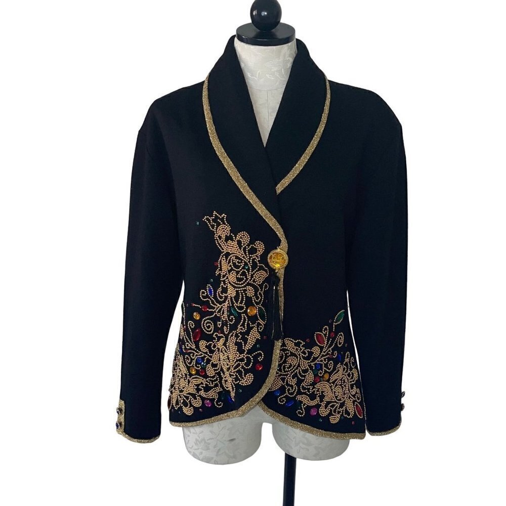 Diane Freis Vintage Womens Sweater Jacket Size M L Black Beaded Jeweled Wool